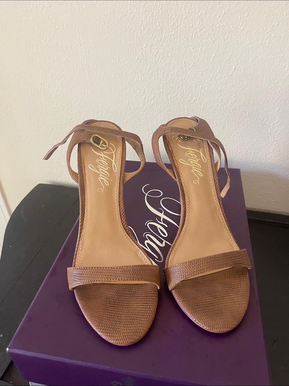 Fergie Brown Textured Open-Toe Ankle Strap Heels